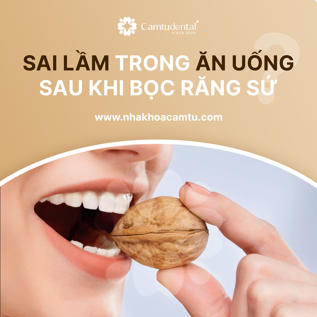 người phụ nữ ăn hạt dẻ sau khi bọc răng sứ cùng tiêu đề Sai lầm trong ăn uống sau khi bọc răng sứ